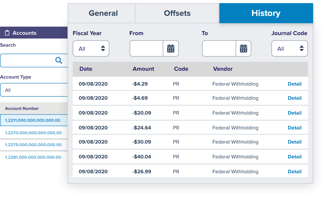 General ledger account history tab in the LINQ finance tool.