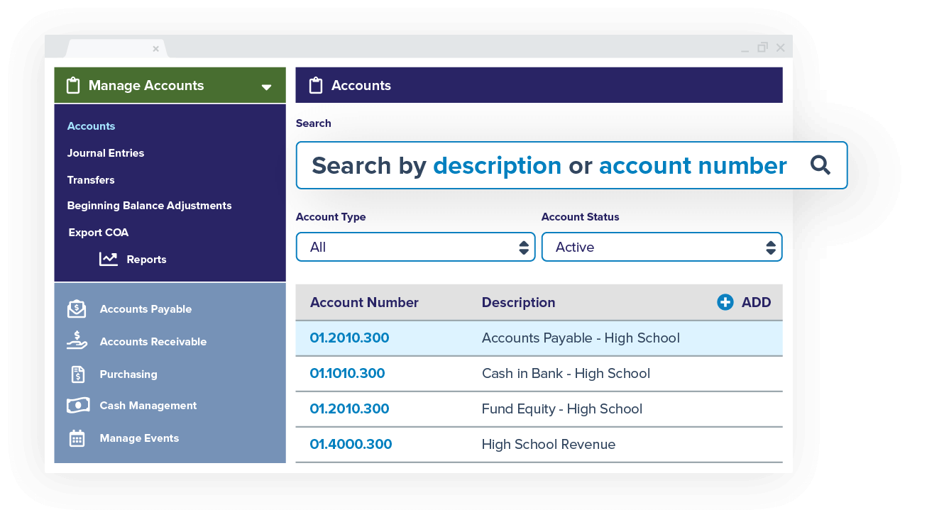 Account Management with search function for accounts by description or account number