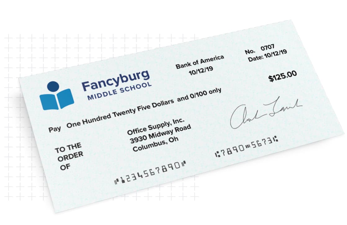 Customized check for Fancyburg Middle School printed from LINQ Accounting