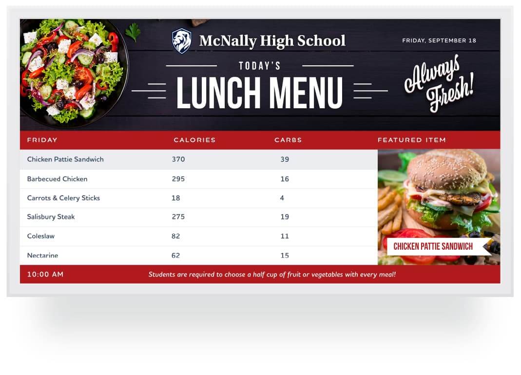 Digital display with school lunch menu, custom graphics and school logo