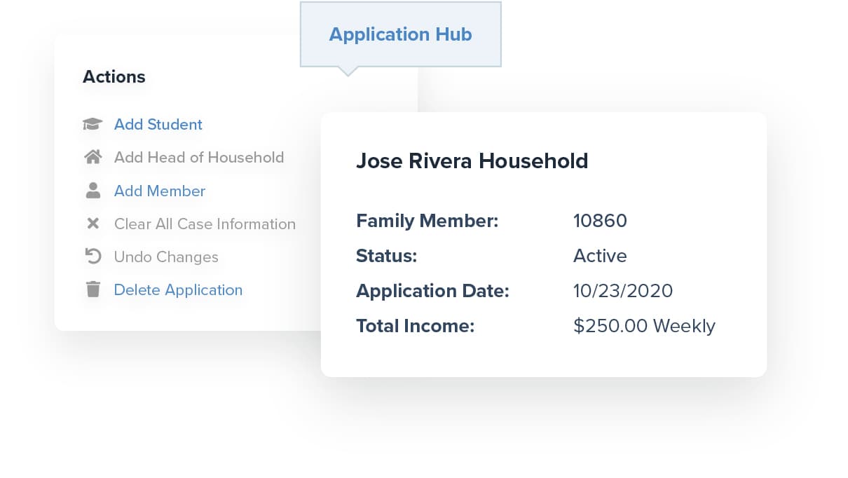 Application hub screen with family income and status information