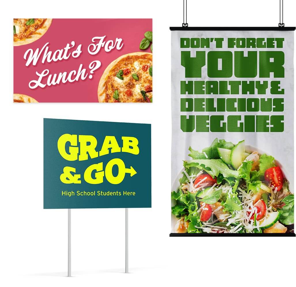 Custom banner, poster, and yard sign promoting school meals programs and healthy eating habits