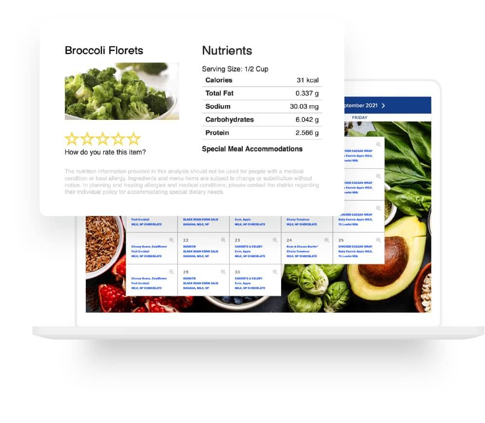 Online lunch menu with mouse hovering over Broccoli Florets menu item to reveal nutritional information