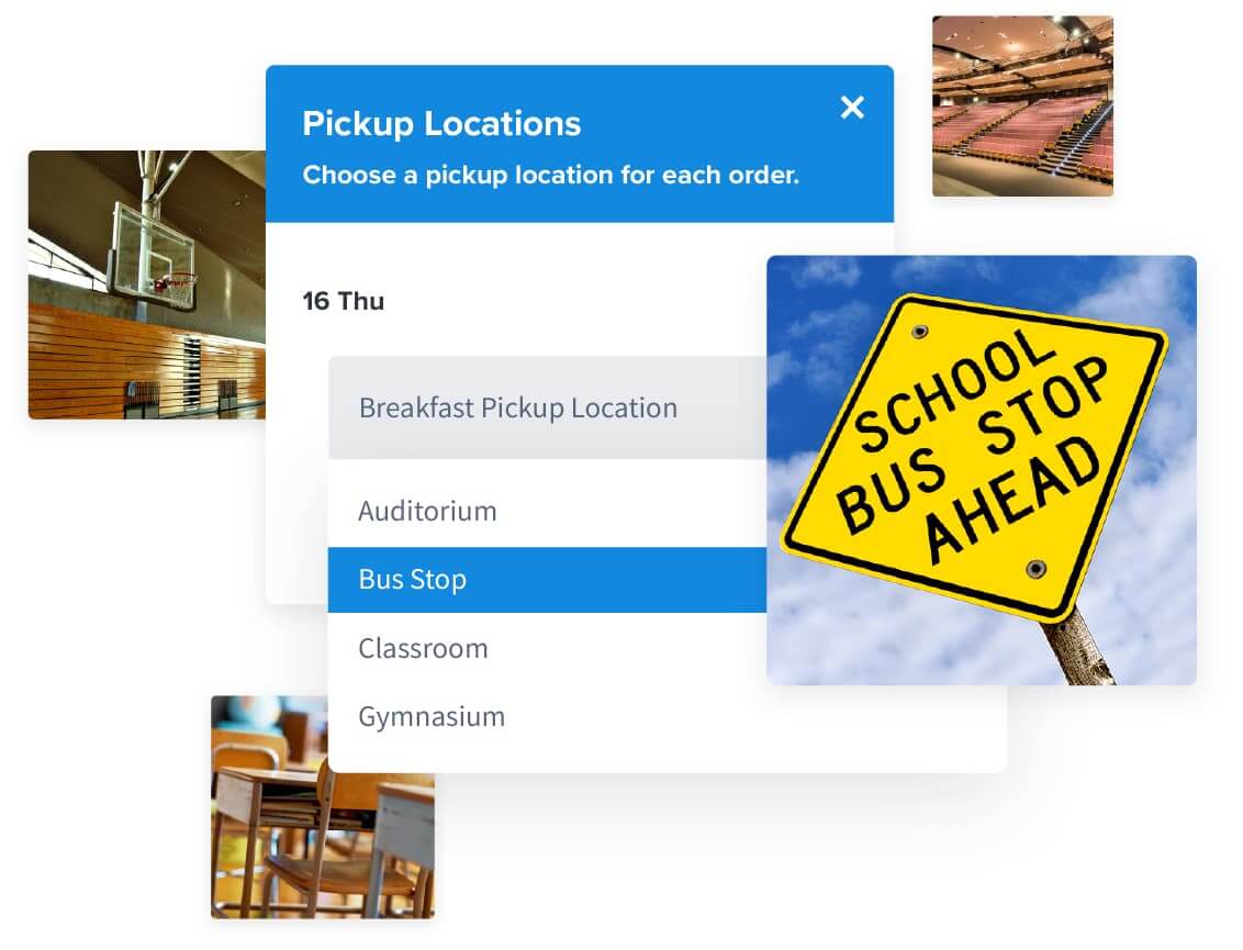 Dropdown menu in online ordering to select a pickup location at any available on or off campus site.