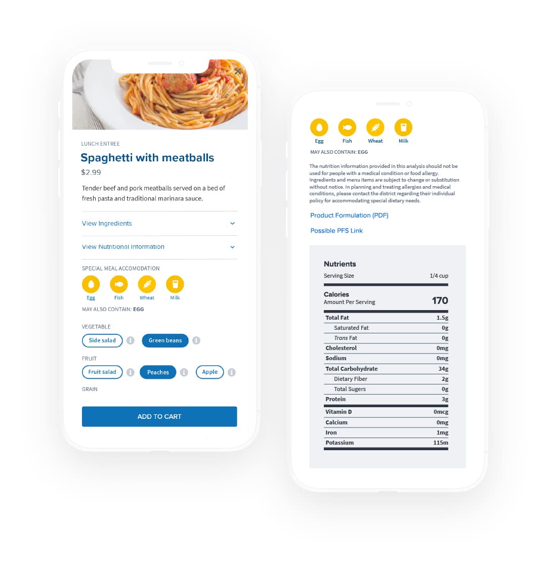 nutrition facts and list of allergens for the Spaghetti with Meatballs menu item in Online Ordering
