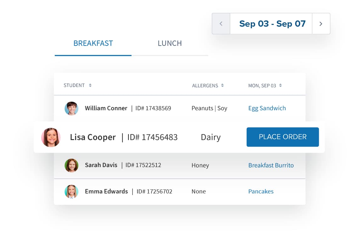 Group Ordering tool allowing teachers to pre-order meals for their whole homeroom class