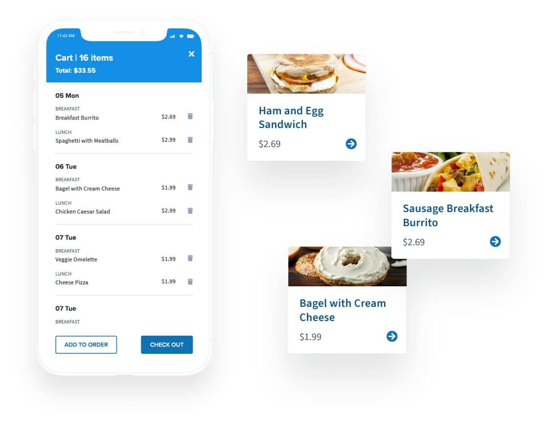 Cart screen in LINQ Online Ordering on smartphone showing a student’s school breakfast pre-order