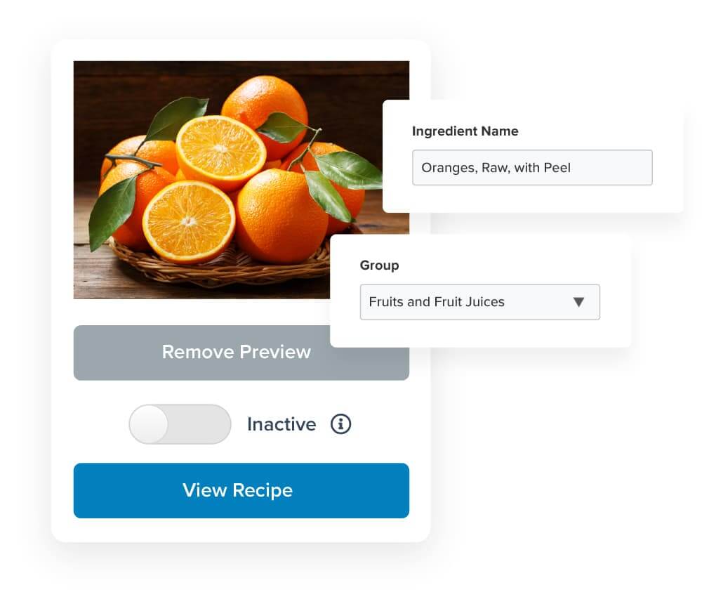 Recipes component of LINQ Menu Planning where user is adding ingredients, food group, and photo