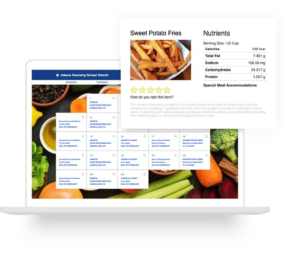 online lunch menu with mouse hovering over menu item to reveal the nutrition facts of Sweet Potato Fries menu item