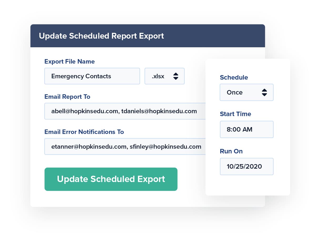 An update window for scheduling an emergency contact report export in the registration software.