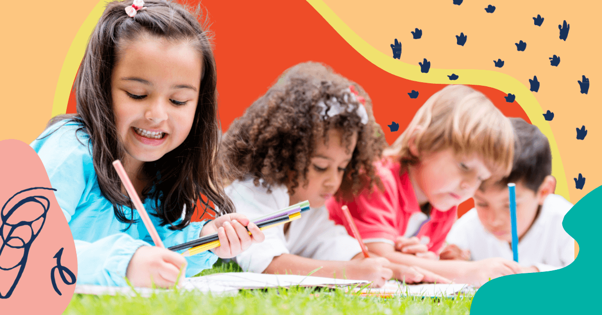 Young students drawing outside on the grass two girls two boys vibrant colors in the background monthly claims