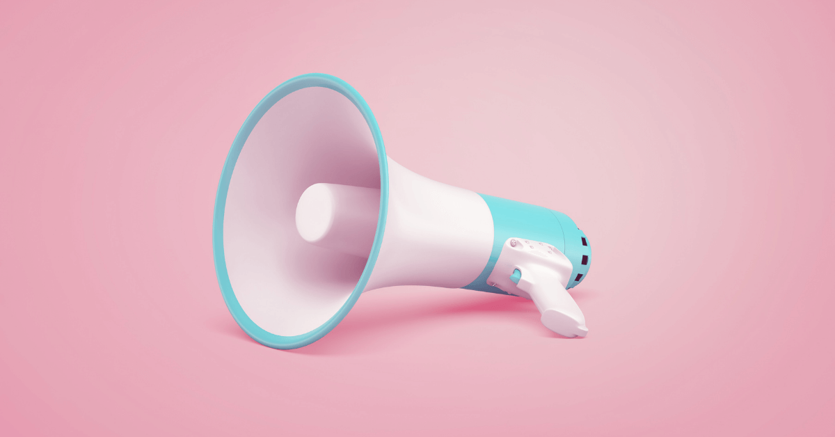 aqua and white bullhorn on pink background marketing for school nutrition