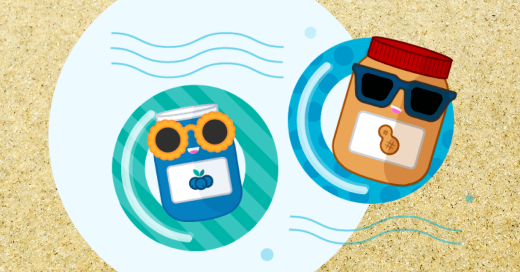 Blueberry jelly jar wearing sunglasses and laying on an innertube in the pool next to a peanut butter jar in black sunglasses laying in an innertube marketing for school nutrition