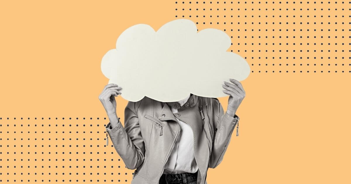 Woman holding a thought bubble over her face in black and white on orange background with textural dot grids overlaid ANC21
