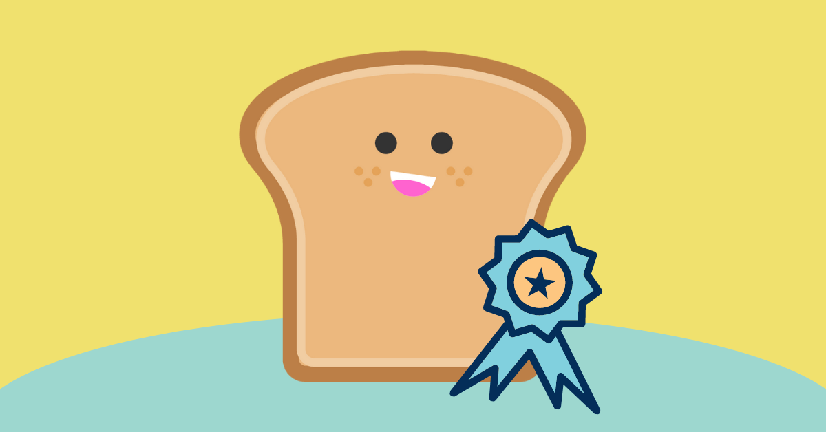 An illustrated piece of bread with a blue ribbon menu planning upper crust school nutrition