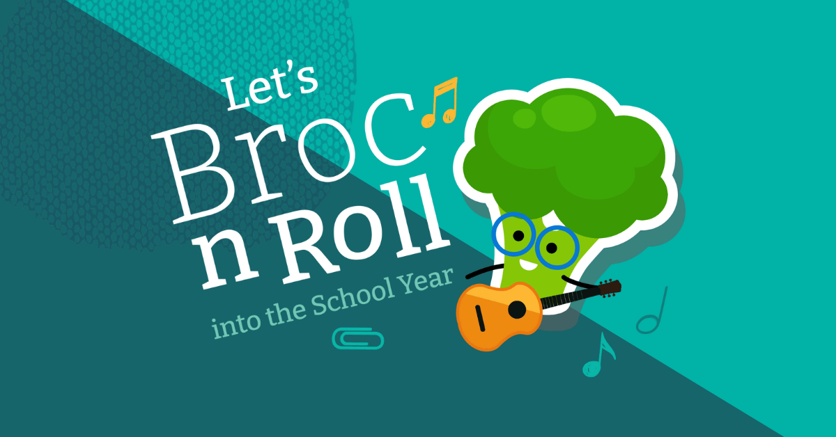 let's broc n roll into the school year broccoli playing guitar on dark and light green background back to school infographic