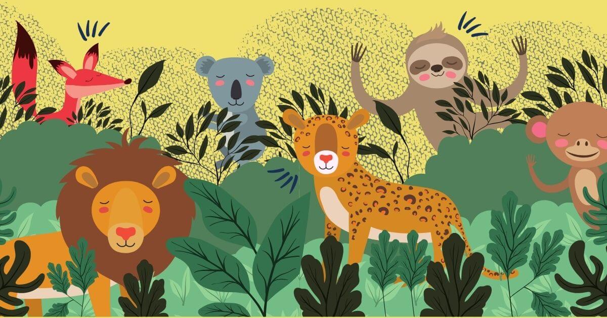 cute jungle animals hanging out fox, sloth, koala, lion, tiger, monkey wild about school nutrition NSLW