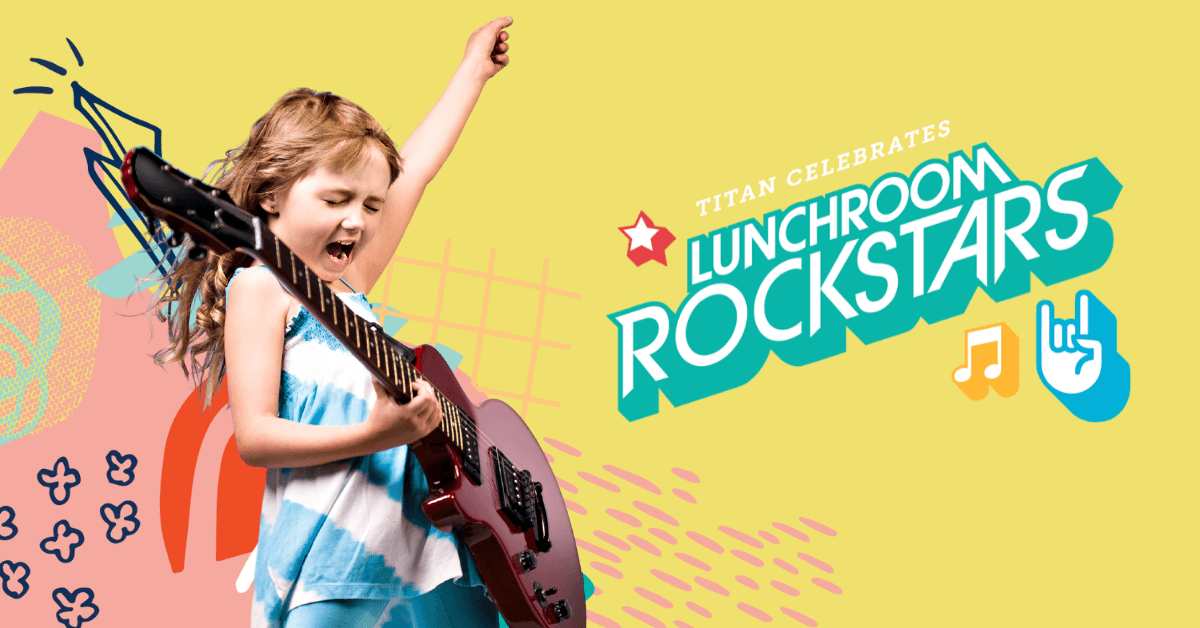 Brightly colored doodles behind a young female child playing an electric guitar TITAN Presents Lunchroom Rockstars child nutrition