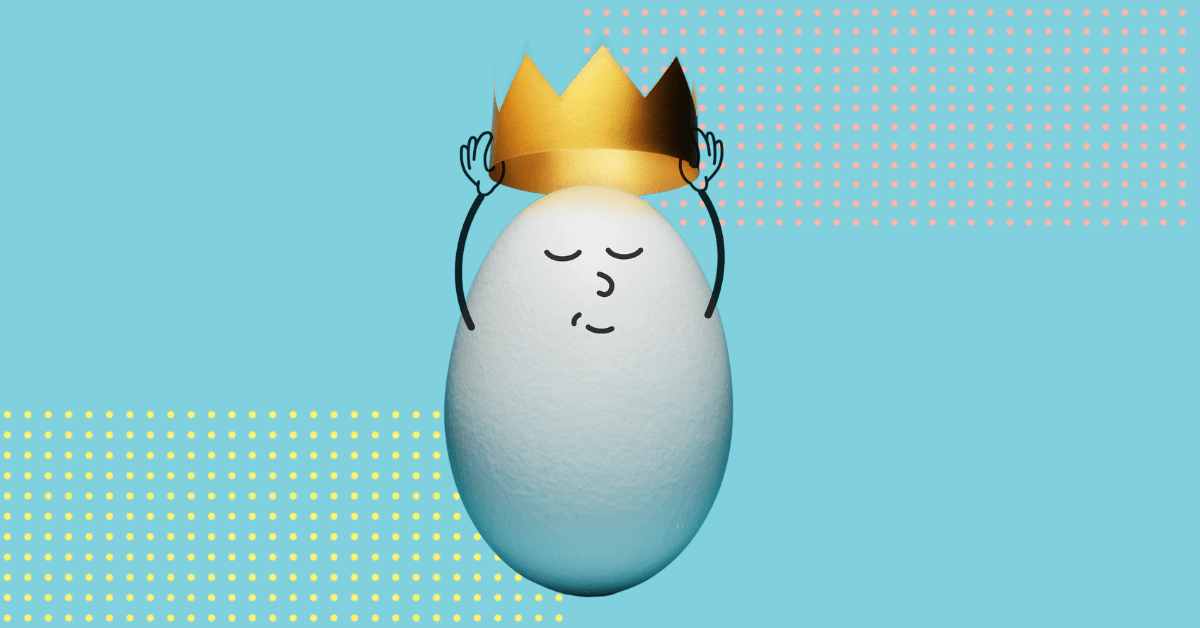 Blue background with textural dots in yellow and pink overlaying background an egg with a face and arms hold a golden crown over its head good egg recipes for success with TITAN-A LINQ Solution school nutrition planning solution