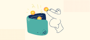 Stylized character named Arie filling a wallet with coins finance and hr trends to K-12 school districts in 2022